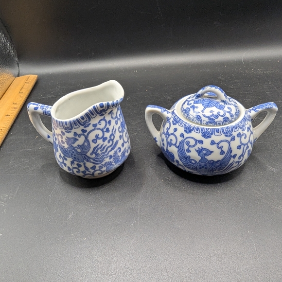 Vintage Phoenix Bird Flying Turkey Blue & White Covered Sugar & Creamer 3" - Picture 3 of 8